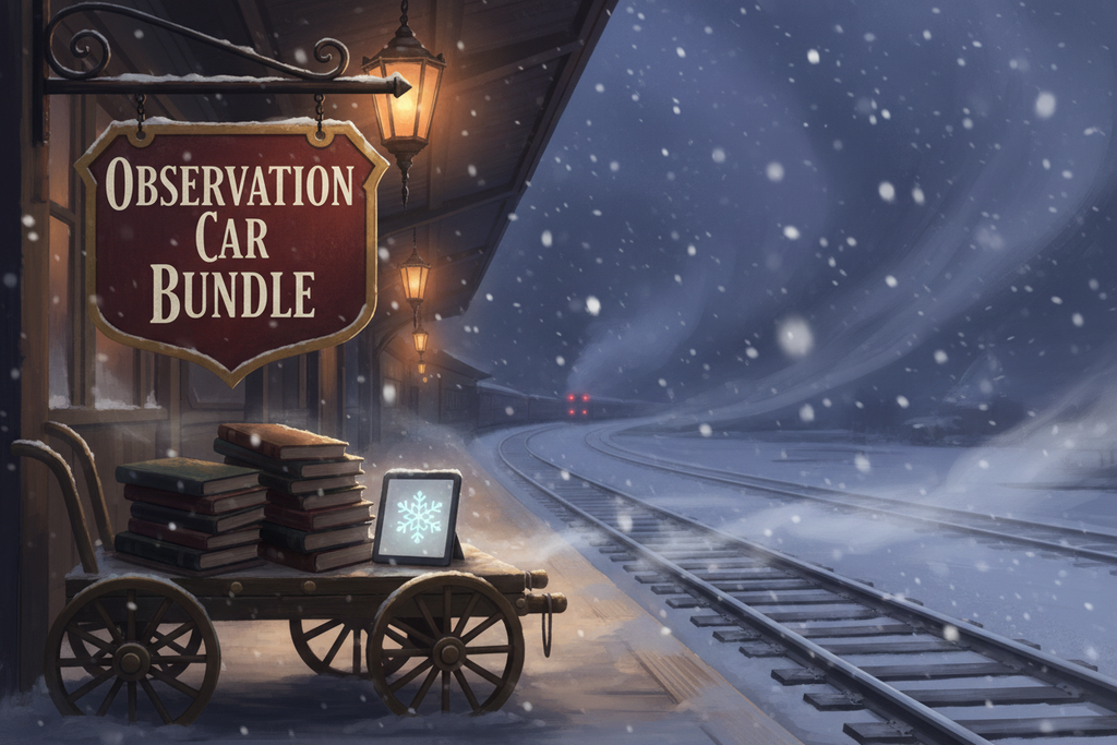 "Vintage 4:3 illustration. A snowy railroad station platform at twilight. A large hanging station sign in the foreground reads 'OBSERVATION CAR BUNDLE'. Below the sign on a vintage luggage cart, a stack of softcover books lies in deep shadow, covers invisible. Next to them is a glowing tablet. In the far distance, down the empty tracks, the twin red tail lights of a passenger train are fading into the snowy night. Nostalgic atmosphere."
