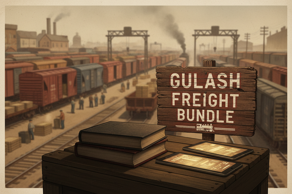 "Vintage 4:3 illustration inside a busy railroad freight yard. A large wooden sign in the foreground reads 'GULASH FREIGHT BUNDLE' clearly. Below the sign on a crate, a stack of three softcover books lies in deep shadow, covers invisible. Next to them are several glowing tablets. Background is a blurred, industrial rail yard with boxcars."